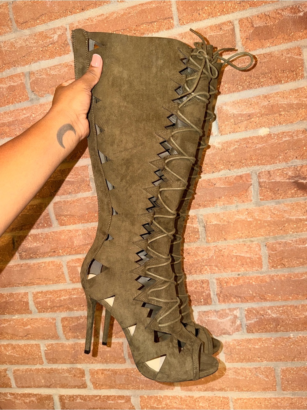 Olive Lace-Up Peep-Toe Gladiator Heeled Boots